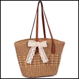 Woven Straw Tote Bag Rattan Beach Purse Shoulder Handbag DIY Flowers